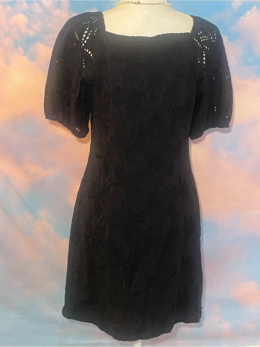 Lovely Free People Black Eyelet Puff Sleeve Button-Front Mini Dress